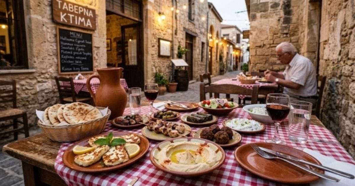 Traditional Cypriot meze spread on a red and white tablecloth at an outdoor taverna table in Ktima Old Town, Paphos
