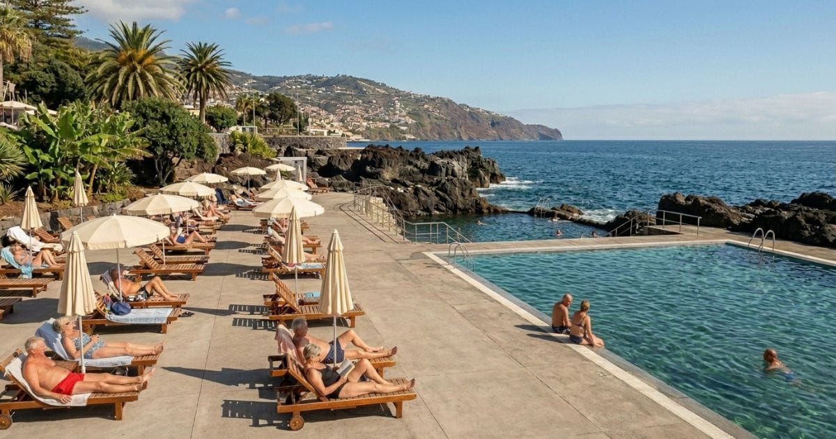 50s,60s and 70s people swimming and sunbathing on sunloungers at the Funchal lido complex in Madeira, Portugal.