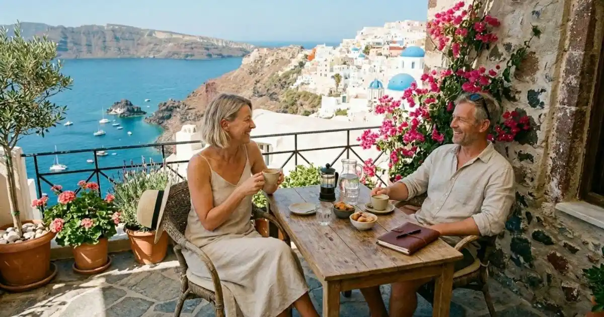 Couple relaxing on the balcony of their hotel, overlooking the Mediterranean sea with boats moored up, knowing they have taken care of their travel insurance.