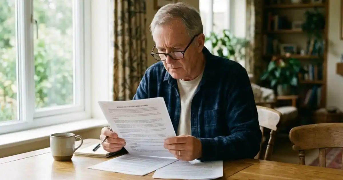 Man looking at a print out of his travel insurance documents, sitting at a wooden table in his home.