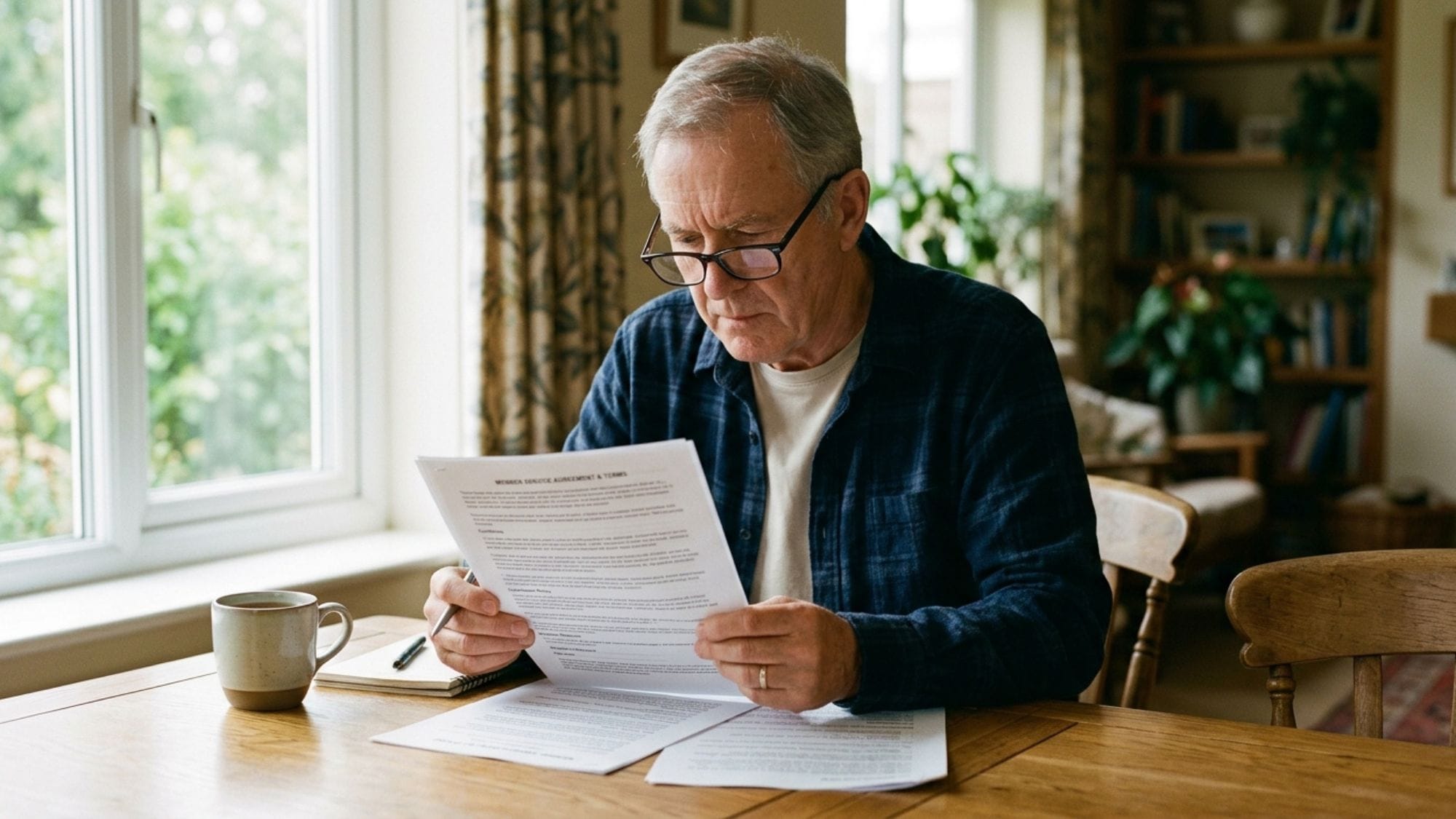A picture of a man looking at his holiday insurance documents, sitting at a table, before going on holiday.