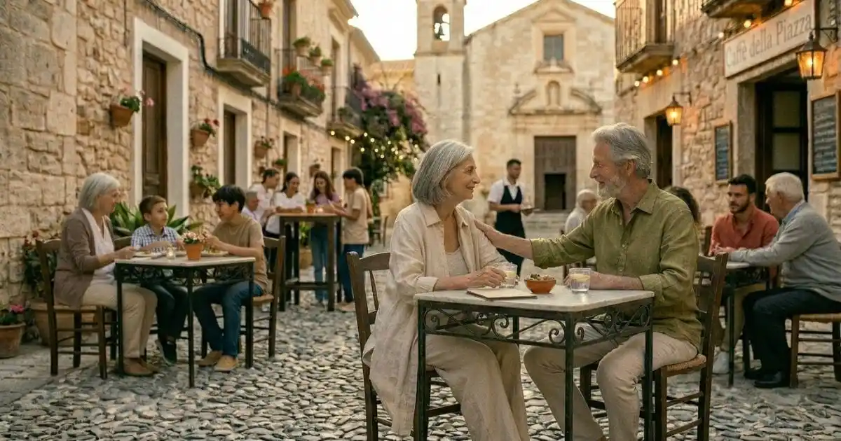 An older couple sitting together at a table for two, enjoying a coffee outside a cafe on holiday during a summers evening.