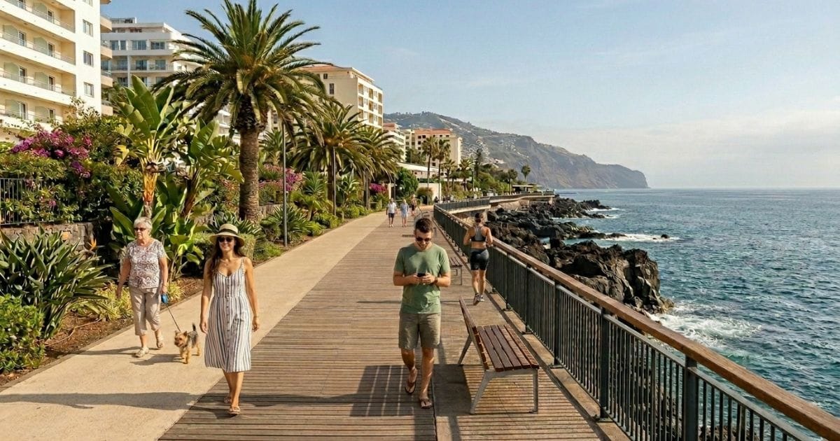 People walking along the Promenade do Lido in Funchal, Madeira, Portugal in the early morning sunshine with the Atlantic Ocean to their right and palm trees and hotels to their left.