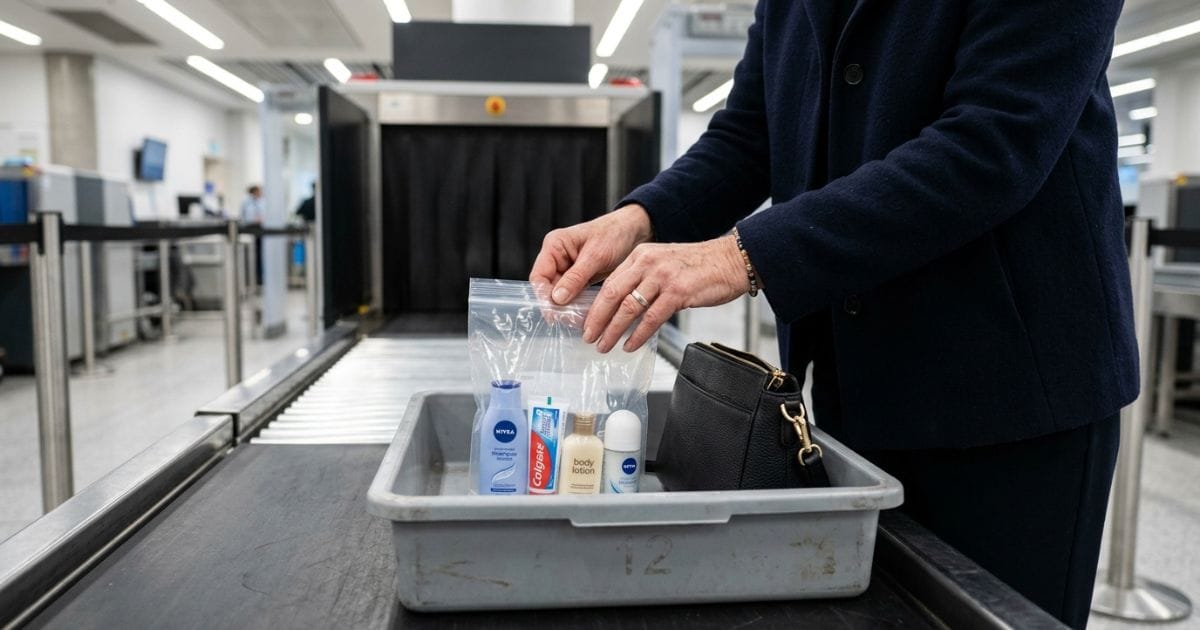 Women official inspecting a bag containing various liquid toiletries at an airport.
