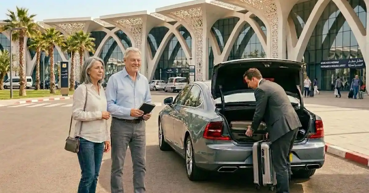 A pre-booked airport to hotel transfer service, with the diver loading an older couples luggage into the car at airport arrivals.