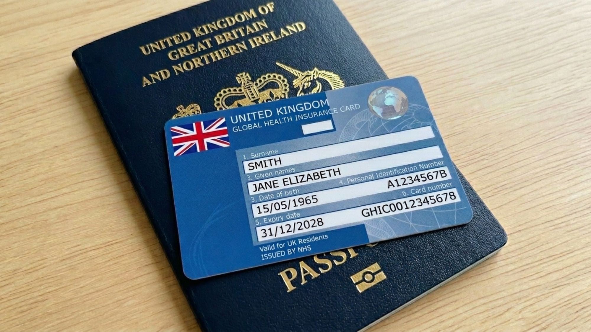 A picture of the Global Health Insurance Card (GHIC) placed on top of a Brish Passport on a table.