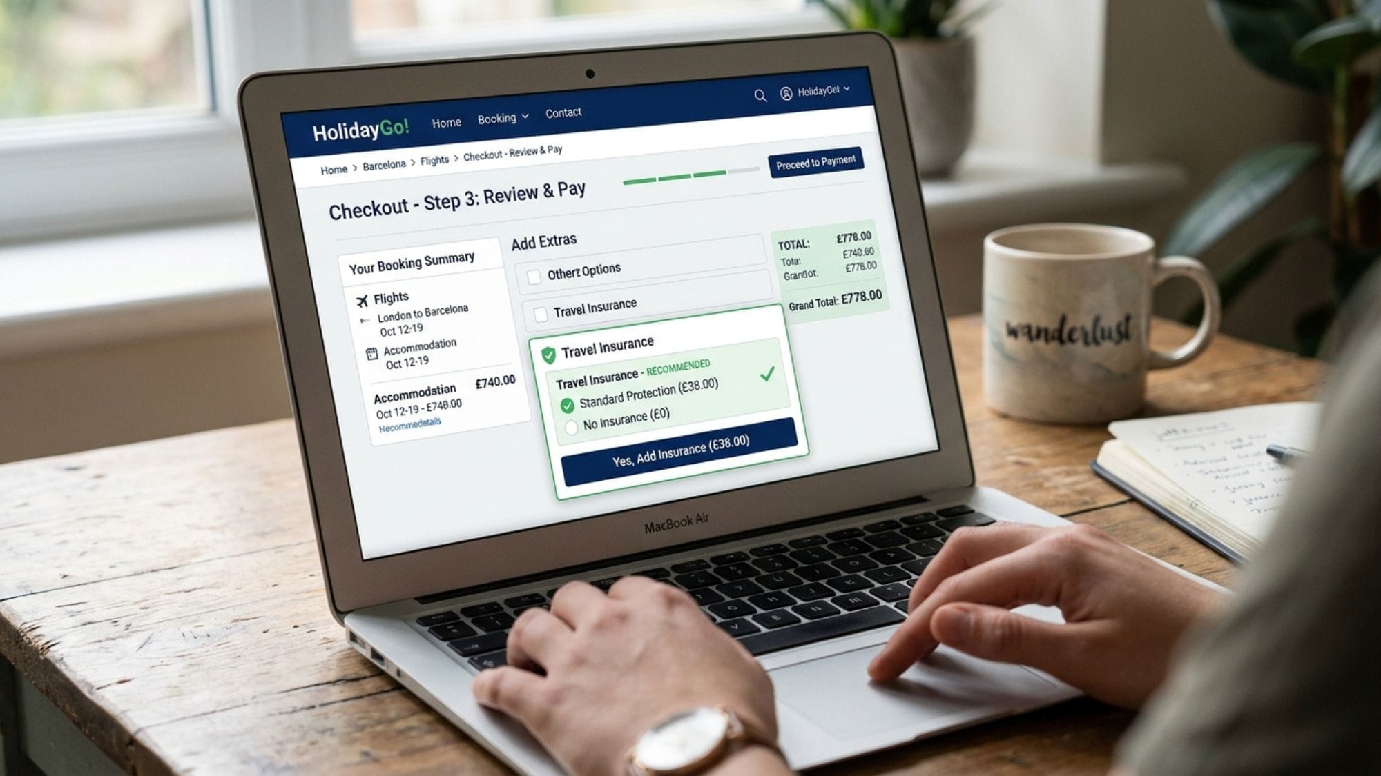 Picture showing a laptop on a table with the viewer looking at the travel insurance page at the checkout screen of the holiday tour operator.