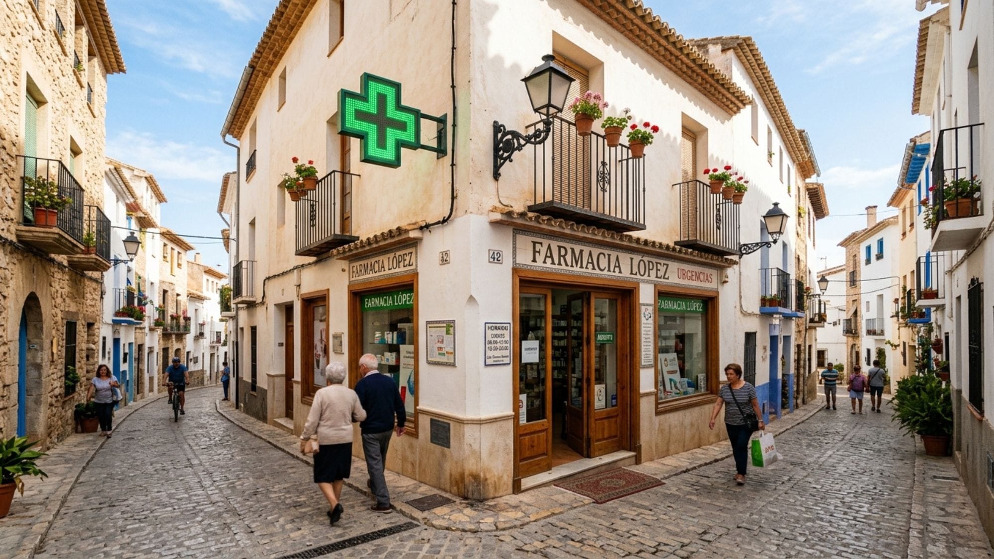 Picture of Spanish town Pharmacy with an illuminated green cross on the wall, with local residents passing by.
