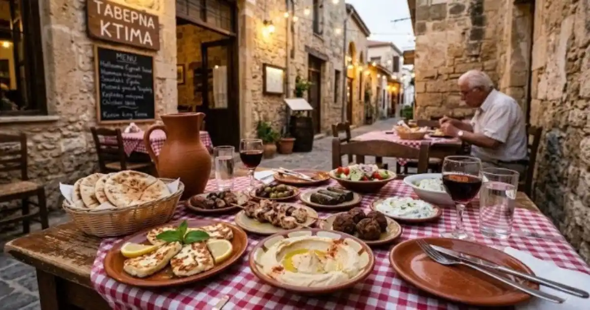 Traditional Cypriot meze spread on a red and white checked tablecloth at an outdoor taverna table in Ktima Old Town, Paphos, Cyprus.