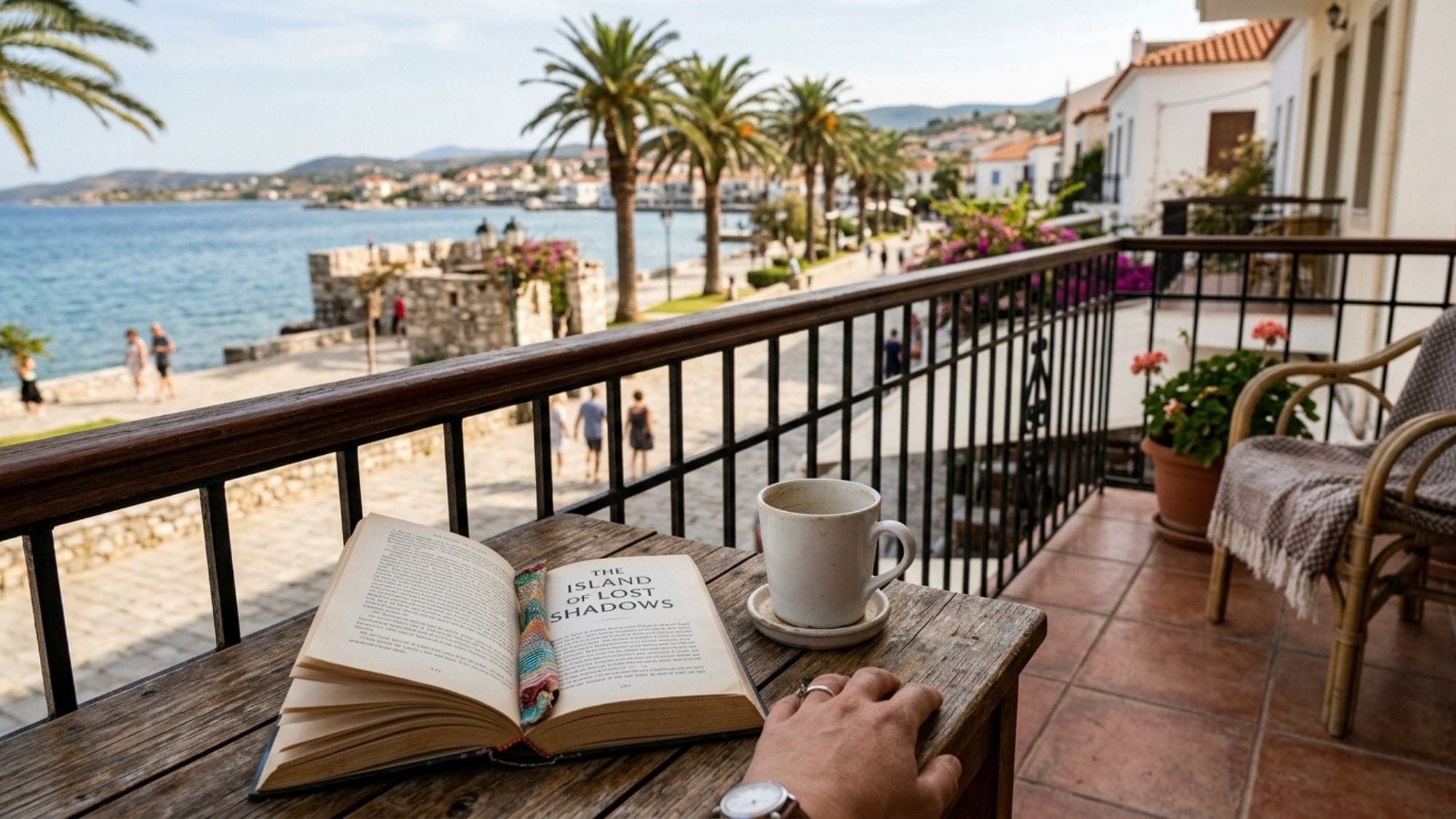 Person sitting on a Mediterranean balcony overlooking the promenade with an open book and empty coffee cup on a table.