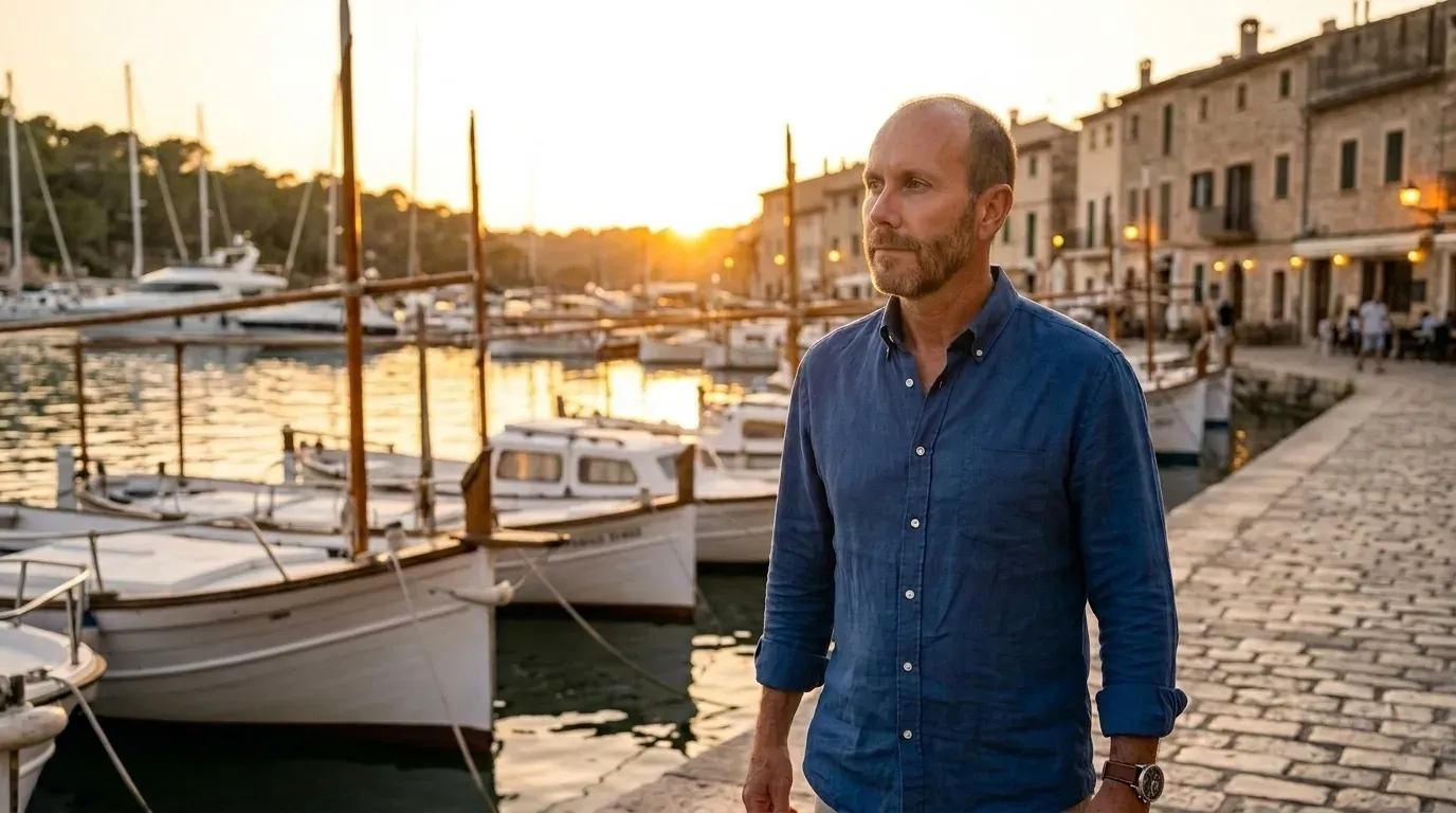 The auditor walking along the harbourside of a Mediterranean village at sunset with fishong boats and a restaurant in the background.