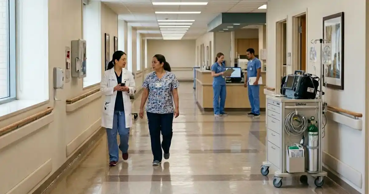 Staff talking in a hospital corridor of a hospital, with clinical equipment along one wall. 