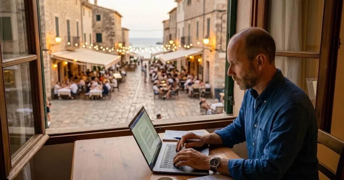 The Auditor writing a destination guide sitting in a hotel room overlooking a Mediterranean village square, with a busy restaurant in the background in the early evening.