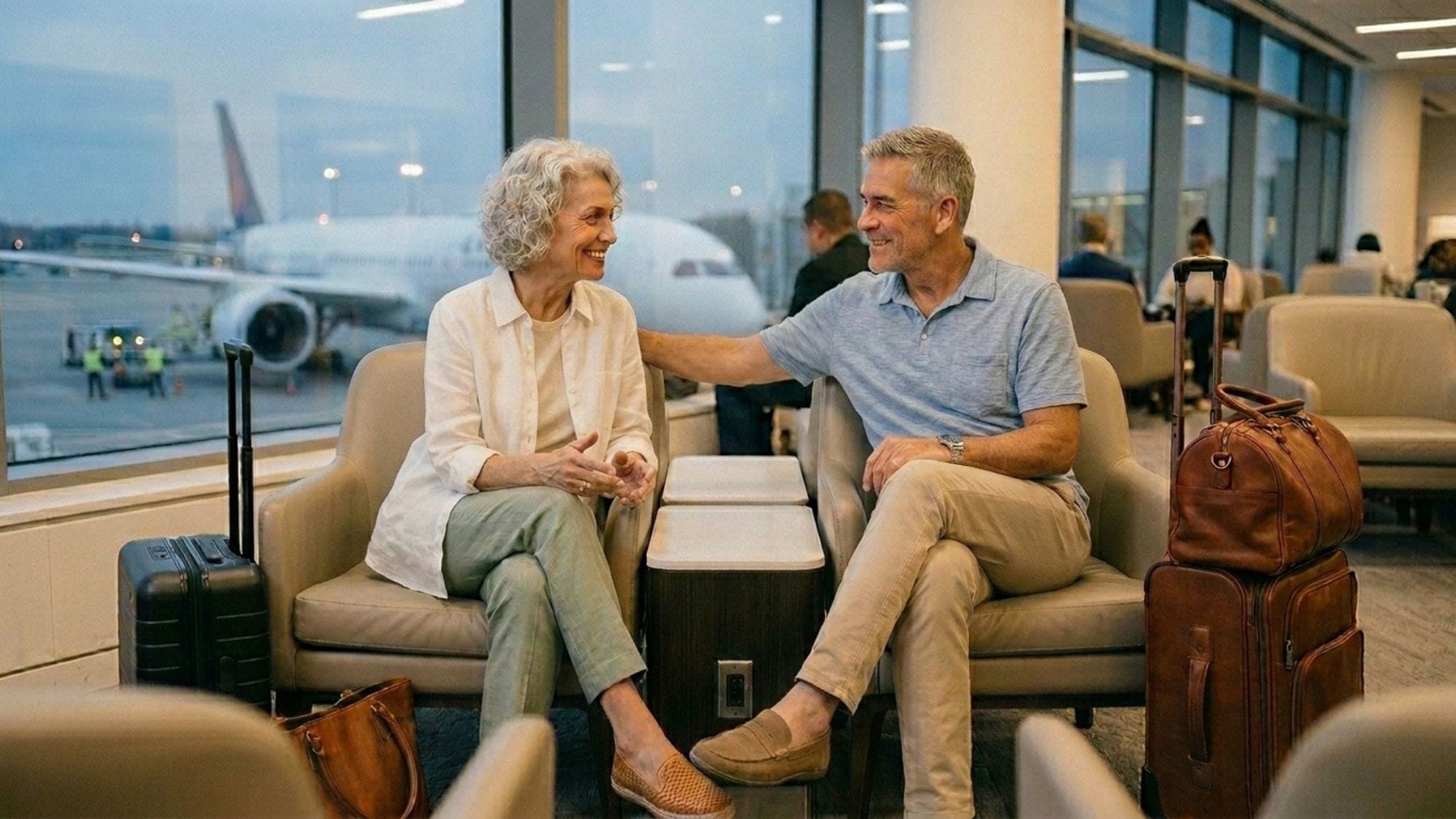 Over 50s couple in an airport lounge having secured their travel insurance, awaiting their flight to the Mediterranean.