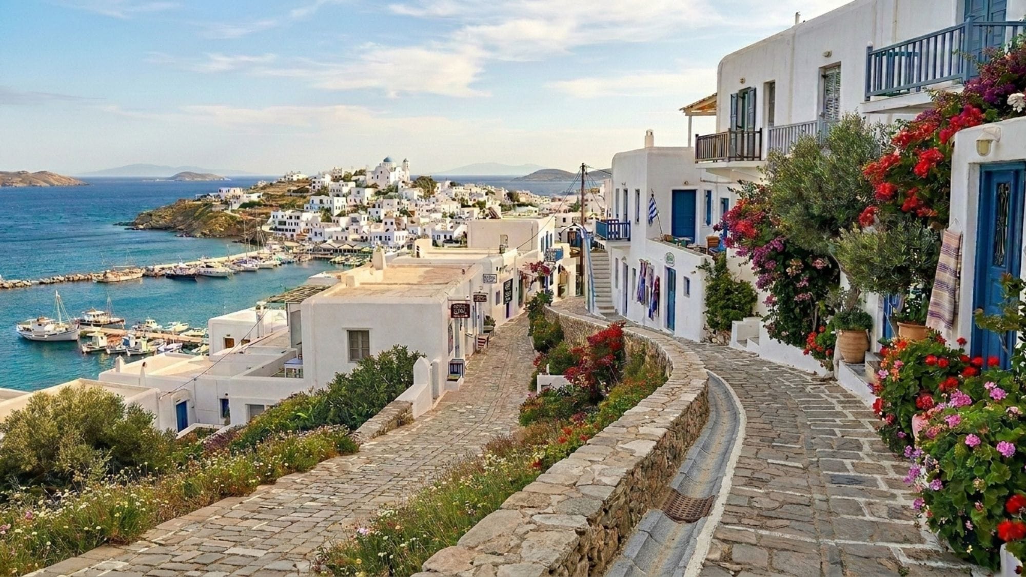 Cobbled pathway with a rainwater gully running through a Greek island village, white-washed buildings and sea view in the background