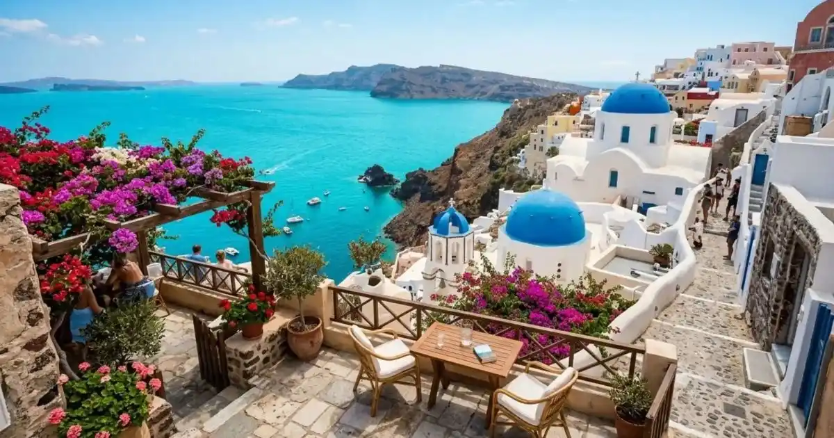 A beautiful Mediterranean village on a hillside on a sunny summers day, with boats moored in the calm waters of the sea.