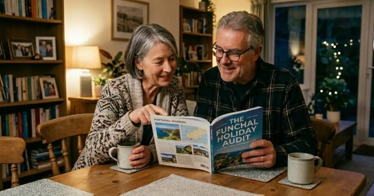 Couple in their mid 50s at home in their front room in the evening looking through the Funchal, Madeira, Portugal, Holiday Audit downloadable PDF.