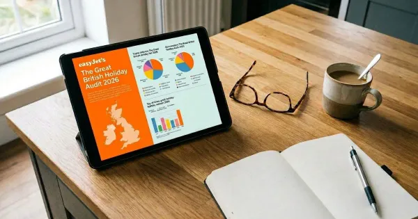 A laptop open on a wooden kitchen table showing the easyjet Gret British Holiday Audit 2026. A pair of reading glasses, an open notebook and pen and a coffee mug sit beside it.